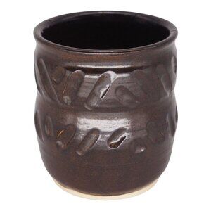 Handcrafted Dark Brown Ceramic Cup Vase With Textured Pattern Pencil Pen Holder